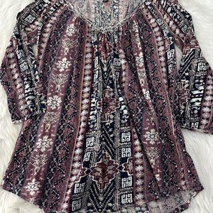 Lucky Brand womens XS boho top 3/4 sleeve v neck timeless